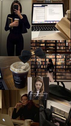 a collage of photos with people and laptops in the middle one is holding a coffee cup