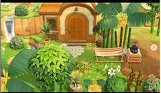 an animated image of a house surrounded by plants and flowers with a bench in the foreground