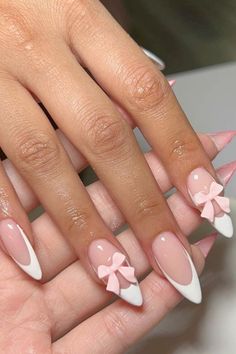 Almond Spring Nails, Spring Almond Nails, Spring Nails Ideas, Bow Nail Designs, Baby Pink Nails, Girly Acrylic, Nagel Tips, Baby Nails, Girly Acrylic Nails