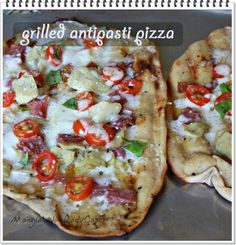 two pizzas sitting on top of a pan covered in cheese and toppings with the words grilled antipasti pizza