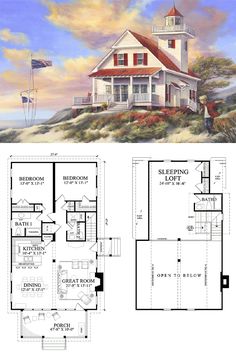 two story house plans with an open floor plan for the first and second floors, along with