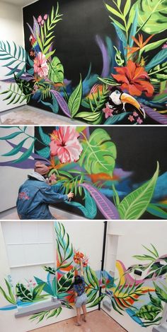 two pictures of colorful flowers and leaves painted on the wall in an art studio, one is