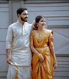 South Indian Wedding Matching Outfits, Kerala Wedding Outfits, South Indian Groom Outfit For Men, Kerala Groom, South Indian Bride And Groom, Kerala Couples, Bride And Groom Indian Wedding Outfit, Yellow Sarees