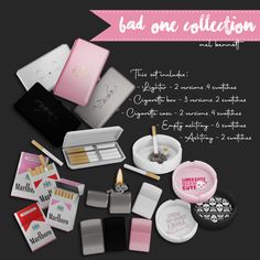 the contents of an assortment of makeup and personal care products are shown in this advertisement