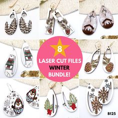 eight laser cut files for christmas and winter earrings with text overlay that says 8 laser cut files