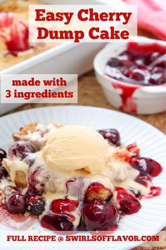 an easy cherry dump cake with 3 ingredients is ready to be eaten and served on a plate