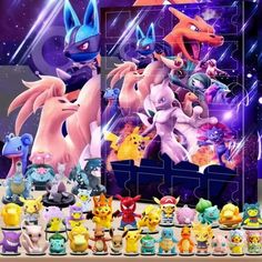 pokemon figurines are displayed in front of a poster