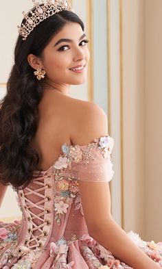 3D floral quinceanera dress with gorgeous stone accents, beading, and glitter. Short capelet included. Mexican Quinceanera, Mexican Quinceanera Dresses, Purple Quinceanera Dresses, Quinceanera Photography, Tulle Balls, Quinceanera Dresses Pink, Diy Wedding Dress, Quince Dress, Garden Rose