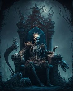 a skeleton sitting on top of a chair in front of a forest filled with trees