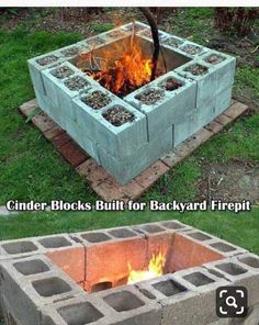 cinder blocks built for backyard firepits are shown in two different stages, one is made out of cement and the other is made from bricks