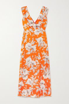 Erdem's signature florals stand out against the bright-orange background of its 'Garnelle' dress. Cut from glossy stretch-satin, it has gathered shoulders and lightly skims your figure as it falls to a floaty midi length. Orange Casual Dress, Printed Casual Dresses, Dresses Cocktail, Satin Midi Dress, Stretch Satin, Bright Orange, Fall Dresses, Net A Porter, Women's Fashion Dresses