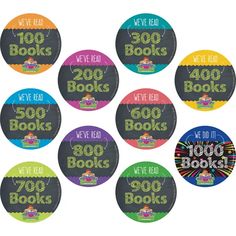 a bunch of badges that say we've got 300 books in each bookcase