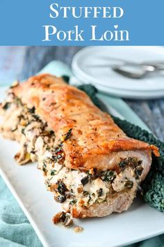 stuffed pork loin on a white plate with broccoli