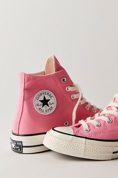 Your favorite classic Converses featured in the brand’s iconic high-top silhouette, now in a sustainable design crafted with recycled canvas materials. * Lace-up * Lined interior * Padded footbed | Chuck 70 Recycled Canvas Hi-Top Sneakers by Converse at Free People in Pink, Size: US 7 M High Top Sneaker Outfit, Pink Chuck Taylors, Hi Top Converse, Cute Converse Shoes, High Top Chucks, Cute Converse, Preppy Shoes, Pink Converse, Funky Shoes