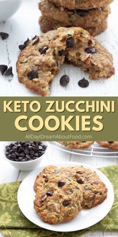 keto zucchini cookies with chocolate chips on top and in the background, there are