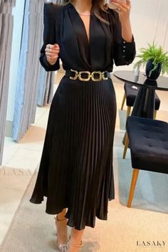 Lasaky - Professional Solid Patchwork V-Neck Long Sleeve Dresses (Belt Not Included) Womens Long Skirt, Midi Dress Work, How To Fold Sleeves, Long Sleeve Dresses, Puff Sleeve Dresses, Satin Midi Dress, Sleeve Dresses, Outfit Casual, Belted Dress