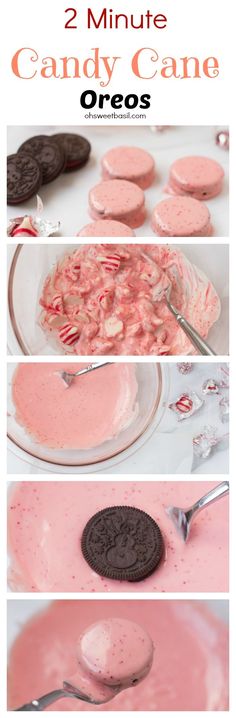 an oreo cake is being made with pink icing