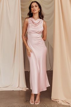 Fluttering Hearts Cowl Neck Sleeveless Midi Dress Blush by Selfie Leslie Pink Silk Dress Outfit, Tie Up Heels, Satin Clutch, Yellow Bridesmaids, Silk Dresses, Bridesmaid Outfit, Bridesmaids Dress, Sleeveless Midi Dress, Iron Material