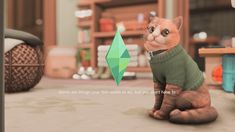 a cat sitting on the ground in front of a table with an origami