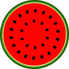 a piece of watermelon with black seeds on it's side, in a circle