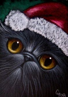 a painting of a black cat wearing a santa hat on it's head with yellow eyes