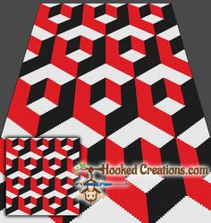 a red, black and white rug with an interesting design on the bottom right corner