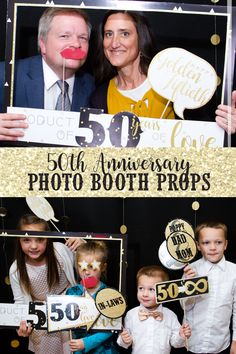 the 50th anniversary photo booth is decorated with gold and white confetti, balloons, and photos