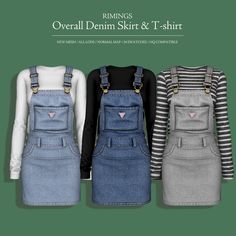 three overall dresses with suspenders on the front and back, all in different colors