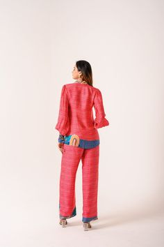 Step into a world of refined elegance with the “Our Coral Shirt Pant Coord Set.” This ensemble showcases a beautiful balance of traditional craftsmanship and modern fashion, tailored from premium silk satin. Elegant Sets With Set-in Sleeves And Straight Pants, Chic Silk Sets With Straight Pants, Chic Silk Set With Straight Pants, Luxury Silk Long Sleeve Sets, Luxury Silk Sets For Workwear, Elegant Silk Sets With Straight Pants, Luxury Long Sleeve Silk Set, Silk Sets With Straight Pants For Workwear, Chic Silk Long Sleeve Sets