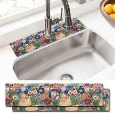 a kitchen sink with flowers and fruit on it