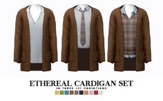 three men's coats and ties are shown in different colors, with the text etheral cardigan set