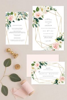 wedding stationery with pink flowers and greenery