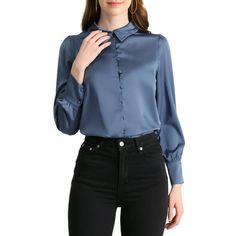 Crafted from smooth satin fabric, this relaxed-fit blouse features a turn-down collar, full placket, puff long sleeves, and button cuffs, presenting a classic French retro style in solid hues. Pair it with high-waisted jeans and sneakers for a casual chic vibe, or dress it up with matching pants or a pencil skirt for a sophisticated look. Suitable for work, the office, coffee shops, daily wear, weekend gatherings, business meetings, and formal evening parties. Measurement (in inches) Internation Satin Shirts, French Retro, Women's Button Down Shirt, Office Coffee, Puff Long Sleeves, Fitted Blouses, Satin Shirt, Matching Pants, Work Wear Women