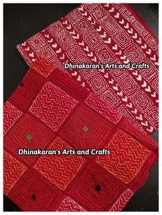 two pieces of red cloth with white and green designs on them, one is made out of