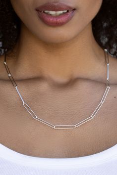 We can’t get enough of the paperclip necklace. Another take on this classic style, the Jordyn Necklace has an elongated link design that can be layered with ease. Available in 3 lengths, the versatility of this piece is unmatched. STYLING TIP: Make it a statement layer by adding the Brinley Chain with the Adorn Charm. Sterling silver-plated brass 30mm x 5mm links Available in 3 lengths Everyday Long Silver Chain Necklace, Silver Chain Paperclip Bracelet With Oval Links, Modern Paperclip Chain Necklace For Layering, Everyday Silver Paperclip Chain Jewelry, Minimalist Silver Chain Necklace In Paperclip Shape, Minimalist Silver Paperclip Chain Necklace, Minimalist Silver Chain Necklace With Paperclip Shape, Classic Paperclip Silver Chain Necklace, Classic Paperclip Necklace With Silver Chain