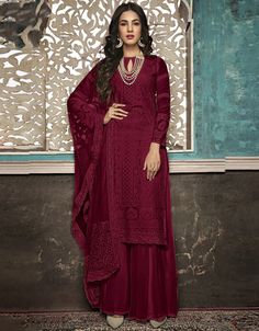 Maroon Palazzo style Suit Faux Georgette Salwar Kamiz, Pakistani Salwar Kameez, Maroon Dress, Designer Salwar Suits, Dress Indian Style, Anarkali Suit, Maroon Color, Embroidery Work, Designer Suits