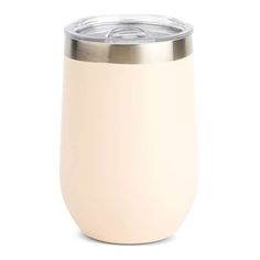 a white tumbler with a lid and silver rim on a white background is shown