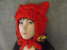 OOAK Red Knit Toddler Kitty Kat Hat/ Crochet Earflaps, Ties and OOAK Corespun Yarn Trim/Elfin Hat Ready to Ship Winter Hand Knitted Fitted Hat, Cozy Red Hat For Cold Weather, Red Knitted Hat For Fall, Red Knitted Hat For Cold Weather, Cozy Red Knitted Hat, Whimsical Brimmed Winter Bonnet, Whimsical Red Winter Hat, Red Bonnet For Winter, One Size Fits Most, Red Winter Bonnet (one Size Fits Most)