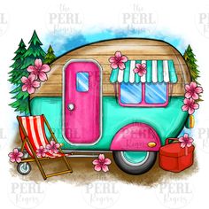 an old camper with pink doors and flowers on the front is parked next to a lawn chair