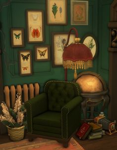 a green chair sitting in front of a lamp next to a wall with pictures on it