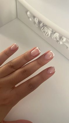 Neutral Gel Nails With Design, Bridesmaid Nails Ideas, Small Square Nails French Tip, Natural Gel French Manicure, Neutral Nail Inspo Square, Short French Tip Acrylic Nails Christmas, Square Gel Nails Short, Short Biab Nails Neutral, Classy Short Nails Acrylic