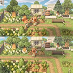 an animal farm with animals and plants in the yard, including trees, bushes, flowers, and other things