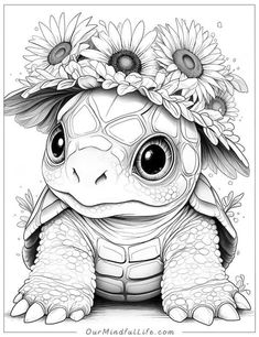 a turtle with sunflowers on it's head is shown in black and white