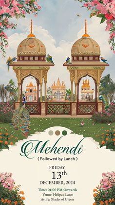 a poster for the event with flowers and birds in front of two gazebos