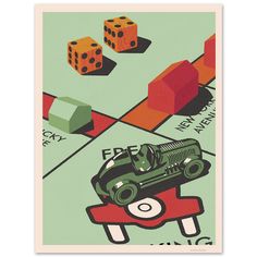 a poster with dices and cars on it