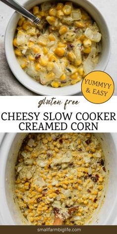 two pictures showing different types of cheesey slow cooker cremed corn casserole