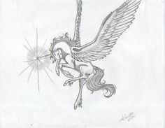 a pencil drawing of a unicorn with wings on it's back and an arrow in its mouth