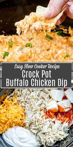 the crock pot buffalo chicken dip is ready to be eaten