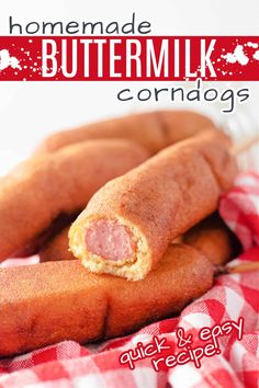 homemade buttermilk corn dogs recipe on a red and white checkered cloth