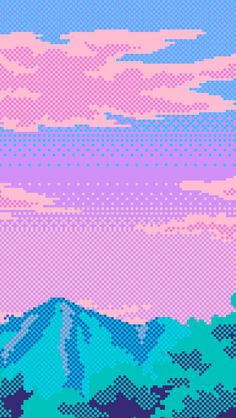 a pixelated landscape with mountains and clouds in the background